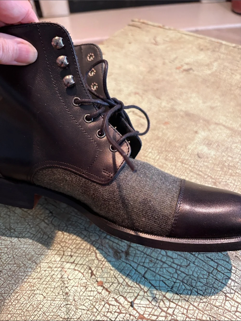 BB Black Leather & Gray Felt Lace-Up Ankle Boots Size 7